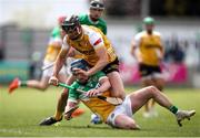 25 May 2025; Colin Spain of Offaly in action against Eoghan Campbell of Antrim during the Leinster GAA Hurling Senior Championship Round 5 match between Offaly and Antrim at Glenisk O’Connor Park in Tullamore, Offaly. Photo by Michael P Ryan/Sportsfile