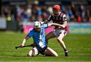 25 May 2025; Conor Donohue of Dublin in action against Tom Monaghan of Galway during the Leinster GAA Hurling Senior Championship Round 5 match between Dublin and Galway at Parnell Park in Dublin. Photo by Tyler Miller/Sportsfile