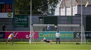 25 May 2025; Dan Ravenhill of Offaly scores his sides second goal, a penalty during the Leinster GAA Hurling Senior Championship Round 5 match between Offaly and Antrim at Glenisk O’Connor Park in Tullamore, Offaly. Photo by Michael P Ryan/Sportsfile