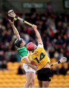 25 May 2025; Cathal King of Offaly in action against Eoin O'Neill of Antrim during the Leinster GAA Hurling Senior Championship Round 5 match between Offaly and Antrim at Glenisk O’Connor Park in Tullamore, Offaly. Photo by Michael P Ryan/Sportsfile