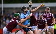 25 May 2025; Ronan Hayes of Dublin in action against Jack Grealish, left, and Gavin Lee of Galway during the Leinster GAA Hurling Senior Championship Round 5 match between Dublin and Galway at Parnell Park in Dublin. Photo by Tyler Miller/Sportsfile
