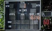 25 May 2025; A view of the scoreboard before Ireland's innings during match three of the One Day International Series between Ireland and the West Indies at Castle Avenue Cricket Ground in Dublin. Photo by Seb Daly/Sportsfile