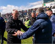 25 May 2025; Offaly manager Johnny Kelly, left, shakes hands with Antrim manager Davy Fitzgerald after the Leinster GAA Hurling Senior Championship Round 5 match between Offaly and Antrim at Glenisk O’Connor Park in Tullamore, Offaly. Photo by Michael P Ryan/Sportsfile