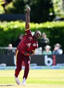 25 May 2025; West Indies bowler Matthew Forde during match three of the One Day International Series between Ireland and the West Indies at Castle Avenue Cricket Ground in Dublin. Photo by Seb Daly/Sportsfile