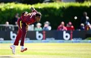 25 May 2025; West Indies bowler Matthew Forde during match three of the One Day International Series between Ireland and the West Indies at Castle Avenue Cricket Ground in Dublin. Photo by Seb Daly/Sportsfile