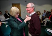 26 May 2025; Incoming President Michael McGrath receives his chain of office from outgoing President Catherine Smyth during the Badminton Ireland AGM 2025 at Badminton Ireland, Sport HQ on the National Sports Campus, Dublin. Badminton Ireland has elected Michael McGrath of Cappoquin, Waterford as its new President. Michael has given a lifetime of dedication to the sport in his home town, county and as President of Munster Badminton in recent times. Michael begins his two year term with immediate effect and looks forward to visiting clubs and competitions throughout the island of Ireland. Photo by David Fitzgerald/Sportsfile