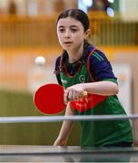 25 May 2025; Rachel Devaney of Milltown-Emper-Moyvore during the Table Tennis U13 Girls match between Milltown-Emper-Moyvore, Westmeath, and Rockcorry-Monaghan, Monaghan, on day two of the Cairn Community Games Multi-Sports Finals 2025 at Gormanston Park in Meath. Photo by Shauna Clinton/Sportsfile
