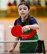 25 May 2025; Rachel Devaney of Milltown-Emper-Moyvore during the Table Tennis U13 Girls match between Milltown-Emper-Moyvore, Westmeath, and Rockcorry-Monaghan, Monaghan, on day two of the Cairn Community Games Multi-Sports Finals 2025 at Gormanston Park in Meath. Photo by Shauna Clinton/Sportsfile