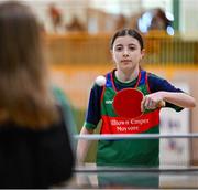 25 May 2025; Rachel Devaney of Milltown-Emper-Moyvore during the Table Tennis U13 Girls match between Milltown-Emper-Moyvore, Westmeath, and Rockcorry-Monaghan, Monaghan, on day two of the Cairn Community Games Multi-Sports Finals 2025 at Gormanston Park in Meath. Photo by Shauna Clinton/Sportsfile