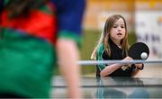 25 May 2025; Ava McGuigan of Rockcorry-Monaghan during the Table Tennis U13 Girls match between Milltown-Emper-Moyvore, Westmeath, and Rockcorry-Monaghan, Monaghan, on day two of the Cairn Community Games Multi-Sports Finals 2025 at Gormanston Park in Meath. Photo by Shauna Clinton/Sportsfile