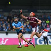 25 May 2025; Conor Whelan of Galway is tackled by Conor Donohue of Dublin during the Leinster GAA Hurling Senior Championship Round 5 match between Dublin and Galway at Parnell Park in Dublin. Photo by Ray McManus/Sportsfile