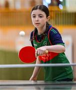 25 May 2025; Rachel Devaney of Milltown-Emper-Moyvore during the Table Tennis U13 Girls match between Milltown-Emper-Moyvore, Westmeath, and Rockcorry-Monaghan, Monaghan, on day two of the Cairn Community Games Multi-Sports Finals 2025 at Gormanston Park in Meath. Photo by Shauna Clinton/Sportsfile