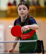 25 May 2025; Rachel Devaney of Milltown-Emper-Moyvore during the Table Tennis U13 Girls match between Milltown-Emper-Moyvore, Westmeath, and Rockcorry-Monaghan, Monaghan, on day two of the Cairn Community Games Multi-Sports Finals 2025 at Gormanston Park in Meath. Photo by Shauna Clinton/Sportsfile
