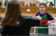 25 May 2025; Rachel Devaney of Milltown-Emper-Moyvore during the Table Tennis U13 Girls match between Milltown-Emper-Moyvore, Westmeath, and Rockcorry-Monaghan, Monaghan, on day two of the Cairn Community Games Multi-Sports Finals 2025 at Gormanston Park in Meath. Photo by Shauna Clinton/Sportsfile