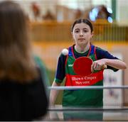 25 May 2025; Rachel Devaney of Milltown-Emper-Moyvore during the Table Tennis U13 Girls match between Milltown-Emper-Moyvore, Westmeath, and Rockcorry-Monaghan, Monaghan, on day two of the Cairn Community Games Multi-Sports Finals 2025 at Gormanston Park in Meath. Photo by Shauna Clinton/Sportsfile