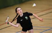 25 May 2025; Khloe O'Connell of Calry during the Badminton Girls match between Calry, Sligo, and Listowel, Kerry, on day two of the Cairn Community Games Multi-Sports Finals 2025 at Gormanston Park in Meath. Photo by Shauna Clinton/Sportsfile