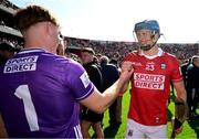 25 May 2025; Cork players Diarmuid Healy, right, and Patrick Collins celebrate after their side's victory in the Munster GAA Hurling Senior Championship Round 5 match between Cork and Waterford at SuperValu Páirc Ui Chaoimh in Cork. Photo by Brendan Moran/Sportsfile