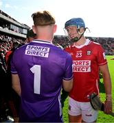 25 May 2025; Cork players Diarmuid Healy, right, and Patrick Collins celebrate after their side's victory in the Munster GAA Hurling Senior Championship Round 5 match between Cork and Waterford at SuperValu Páirc Ui Chaoimh in Cork. Photo by Brendan Moran/Sportsfile