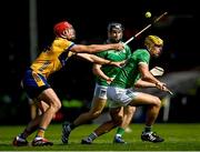 25 May 2025; Peter Duggan of Clare in action against Dan Morrissey of Limerick during the Munster GAA Hurling Senior Championship Round 5 match between Limerick and Clare at TUS Gaelic Grounds in Limerick. Photo by Tom Beary/Sportsfile