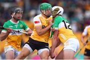25 May 2025; Conal Bohill of Antrim in action against Oisin Kelly of Offaly during the Leinster GAA Hurling Senior Championship Round 5 match between Offaly and Antrim at Glenisk O’Connor Park in Tullamore, Offaly. Photo by Michael P Ryan/Sportsfile