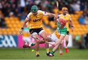25 May 2025; Stephen Rooney of Antrim in action against Charlie Mitchell of Offaly during the Leinster GAA Hurling Senior Championship Round 5 match between Offaly and Antrim at Glenisk O’Connor Park in Tullamore, Offaly. Photo by Michael P Ryan/Sportsfile