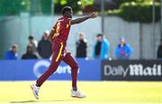 25 May 2025; West Indies bowler Alzarri Joseph celebrates after claiming the wicket of Ireland batter Lorcan Tucker of during match three of the One Day International Series between Ireland and the West Indies at Castle Avenue Cricket Ground in Dublin. Photo by Seb Daly/Sportsfile