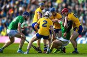 25 May 2025; Clare and Limerick players tussle during the Munster GAA Hurling Senior Championship Round 5 match between Limerick and Clare at TUS Gaelic Grounds in Limerick. Photo by John Sheridan/Sportsfile