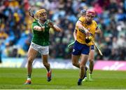 25 May 2025; John Conlon of Clare in action against Adam English of Limerick during the Munster GAA Hurling Senior Championship Round 5 match between Limerick and Clare at TUS Gaelic Grounds in Limerick. Photo by John Sheridan/Sportsfile