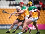 25 May 2025; Paddy Burke of Antrim in action against Charlie Mitchell of Offaly during the Leinster GAA Hurling Senior Championship Round 5 match between Offaly and Antrim at Glenisk O’Connor Park in Tullamore, Offaly. Photo by Michael P Ryan/Sportsfile