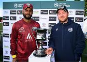 25 May 2025; West Indies captain Shai Hope and Ireland captain Paul Stirling with the trophy after the drawn One Day International Series between Ireland and the West Indies at Castle Avenue Cricket Ground in Dublin. Photo by Seb Daly/Sportsfile