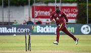 25 May 2025; Evin Lewis of West Indies runs-out Ireland batter Andrew McBrine, not pictured, to claim victory for his side in match three of the One Day International Series between Ireland and the West Indies at Castle Avenue Cricket Ground in Dublin. Photo by Seb Daly/Sportsfile