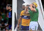 25 May 2025; Daithi Lohan of Clare and Seamus Flanagan of Limerick during the Munster GAA Hurling Senior Championship Round 5 match between Limerick and Clare at TUS Gaelic Grounds in Limerick. Photo by Tom Beary/Sportsfile