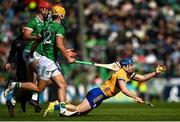 25 May 2025; Shane O'Donnell of Clare in action against Colin Coughlan, left, and Tom Morrissey of Limerick during the Munster GAA Hurling Senior Championship Round 5 match between Limerick and Clare at TUS Gaelic Grounds in Limerick. Photo by Tom Beary/Sportsfile