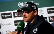25 May 2025; Ireland captain Paul Stirling is interviewed after match three of the One Day International Series between Ireland and the West Indies at Castle Avenue Cricket Ground in Dublin. Photo by Seb Daly/Sportsfile
