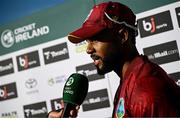 25 May 2025; West Indies captain Shai Hope is interviewed after match three of the One Day International Series between Ireland and the West Indies at Castle Avenue Cricket Ground in Dublin. Photo by Seb Daly/Sportsfile
