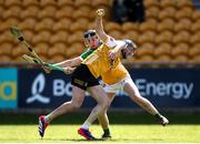 25 May 2025; Keelan Molloy of Antrim in action against Cathal King of Offaly during the Leinster GAA Hurling Senior Championship Round 5 match between Offaly and Antrim at Glenisk O’Connor Park in Tullamore, Offaly. Photo by Michael P Ryan/Sportsfile