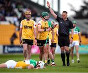 25 May 2025; Stephen Rooney of Antrim, centre, remonstrates with referee Michael Kennedy during the Leinster GAA Hurling Senior Championship Round 5 match between Offaly and Antrim at Glenisk O’Connor Park in Tullamore, Offaly. Photo by Michael P Ryan/Sportsfile