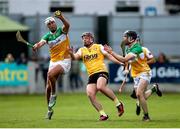 25 May 2025; Oisin Kelly of Offaly in action against Eoghan Campbell of Antrim during the Leinster GAA Hurling Senior Championship Round 5 match between Offaly and Antrim at Glenisk O’Connor Park in Tullamore, Offaly. Photo by Michael P Ryan/Sportsfile
