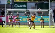 25 May 2025; Gerard Walsh of Antrim takes a free late in the game during the Leinster GAA Hurling Senior Championship Round 5 match between Offaly and Antrim at Glenisk O’Connor Park in Tullamore, Offaly. Photo by Michael P Ryan/Sportsfile