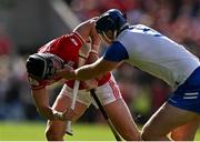 25 May 2025; Darragh Fitzgibbon of Cork has his helmet grabbed by Conor Prunty of Waterford during the Munster GAA Hurling Senior Championship Round 5 match between Cork and Waterford at SuperValu Páirc Ui Chaoimh in Cork. Photo by Brendan Moran/Sportsfile