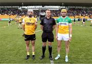 25 May 2025; Referee Michael Kennedy with team captains Paddy Burke of Antrim, left, and Ciaran Burke of Offaly before the Leinster GAA Hurling Senior Championship Round 5 match between Offaly and Antrim at Glenisk O’Connor Park in Tullamore, Offaly. Photo by Michael P Ryan/Sportsfile