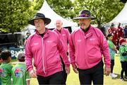 25 May 2025; Umpires Aidan Seaver, left, and Richard Illingworth before match three of the One Day International Series between Ireland and the West Indies at Castle Avenue Cricket Ground in Dublin. Photo by Seb Daly/Sportsfile