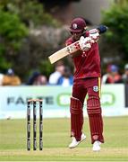 25 May 2025; West Indies batter Keacy Carty during match three of the One Day International Series between Ireland and the West Indies at Castle Avenue Cricket Ground in Dublin. Photo by Seb Daly/Sportsfile