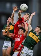 23 May 2025; Ronan Hayes, top and Seán O’Sullivan of Cork contest a kickout with Conor McGibney and Tadhg O’Connell of Kerry during the Electric Ireland Munster GAA Football Minor Championship final match between Kerry and Cork at Austin Stack Park in Tralee, Kerry. Photo by Brendan Moran/Sportsfile