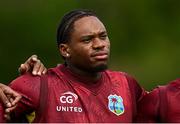 25 May 2025; Keacy Carty of West Indies  match three of the One Day International Series between Ireland and the West Indies at Castle Avenue Cricket Ground in Dublin. Photo by Seb Daly/Sportsfile