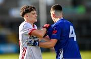 25 May 2025; Joel Kerr of Tyrone and Andrew Smart of Cavan tussle during the Electric Ireland Ulster GAA Football Minor Championship final match between Cavan and Tyrone at Brewster Park in Enniskillen, Fermanagh. Photo by Oliver McVeigh/Sportsfile