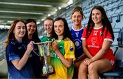 26 May 2025; In attendance at the Comórtas Peile na Gaeltachta 2025 National launch at Croke Park in Dublin, are, clockwise from left, Aisling Ní Aogáin of Na Gaeil Óga, Dublin, Labhraín Nic Aoidh of Bhulf Tón, Meath, Ali Sherlock of Clann na nGael, Meath, Louise Ní Dhochartaigh of Naomh Columba, Donegal, Saoirse Ní Bhriain of Naomh Abán, Cork, Clíona Ní Mhuirithe of Béal an Mhuirthead, Mayo. Photo by Brendan Moran/Sportsfile