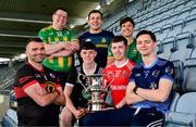 26 May 2025; In attendance at the Comórtas Peile na Gaeltachta 2025 National launch at Croke Park in Dublin, are, from left, James Ó Flatharta of An Cheathrú Rua, Galway, Fergal Ó Griffín of Lios Pól, Kerry, Gavin Mac Aindriú of Cill Chomáin, Mayo, Pádraig Ó Tiarnáin of Clann na nGael, Meath, Diarmuid Ó Cuirrín of An Seanphobal, Waterford, Éamonn Óg Ó Donnchadha of Clann na nGael, Meath and Oisín Ó Conbhuí of Na Gaeil Óga, Dublin. Photo by Brendan Moran/Sportsfile