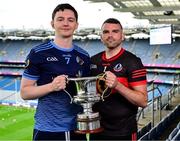 26 May 2025; In attendance at the Comórtas Peile na Gaeltachta 2025 National launch at Croke Park in Dublin, are from left, Oisín Ó Conbhuí of Na Gaeil Óga, Dublin, and James Ó Flatharta of An Cheathrú Rua, Galway. Photo by Brendan Moran/Sportsfile