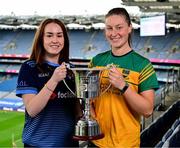 26 May 2025; In attendance at the Comórtas Peile na Gaeltachta 2025 National launch at Croke Park in Dublin, are, clockwise from left, Aisling Ní Aogáin of Na Gaeil Óga, Dublin, and Ali Sherlock of Clann na nGael, Meath. Photo by Brendan Moran/Sportsfile